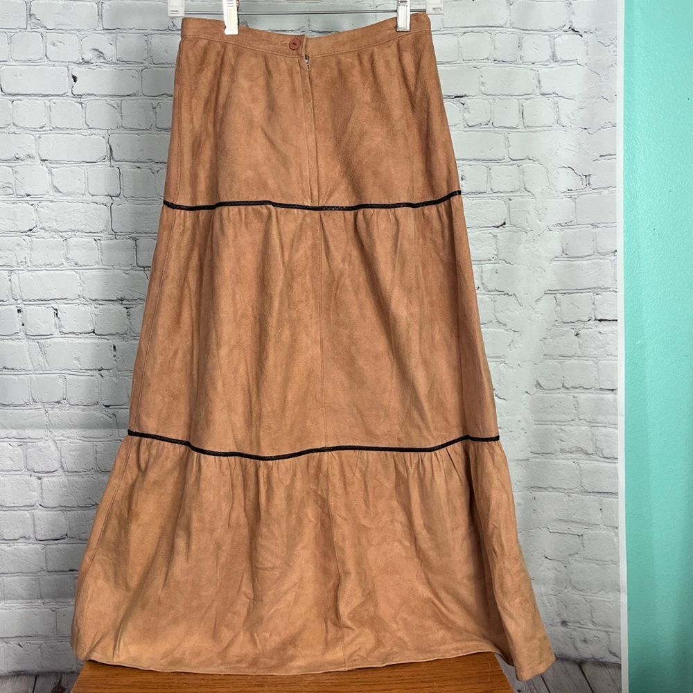 Kestila Turku Finland Tan Leather Suede Tiered Maxi Skirt with black Western
